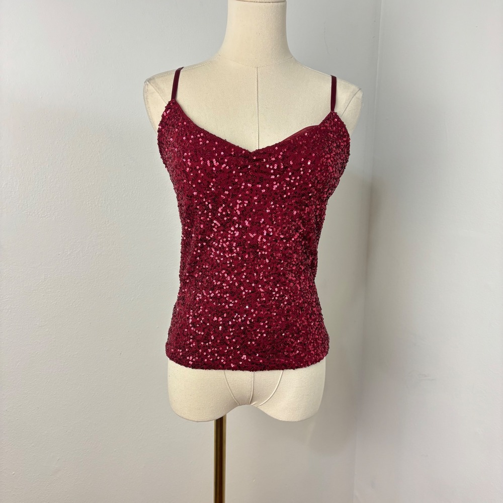 Y2K The Limited Burgundy Sequin Babydoll Camisole Party Nylon Mesh Top Women M - Picture 10 of 11